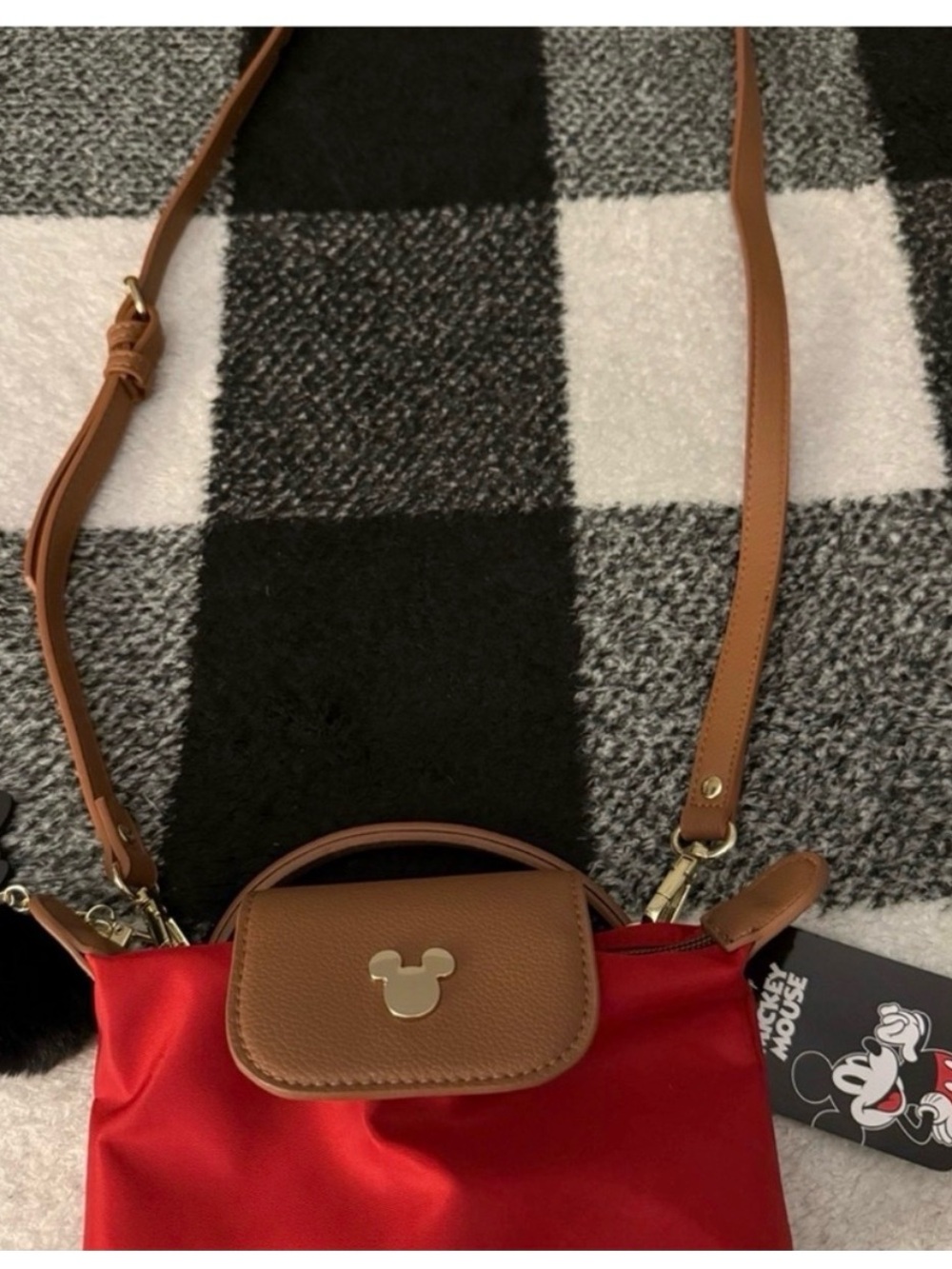 Mickey Mouse Red Nylon Crossbody Bag with Brown Trim
